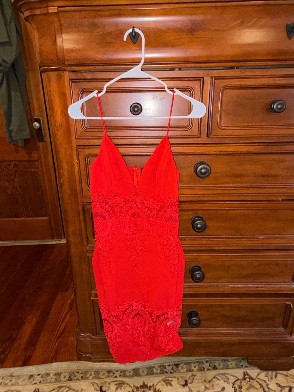 Fashion Nova Red Lace Beaded Bodycon Midi Dress Size M